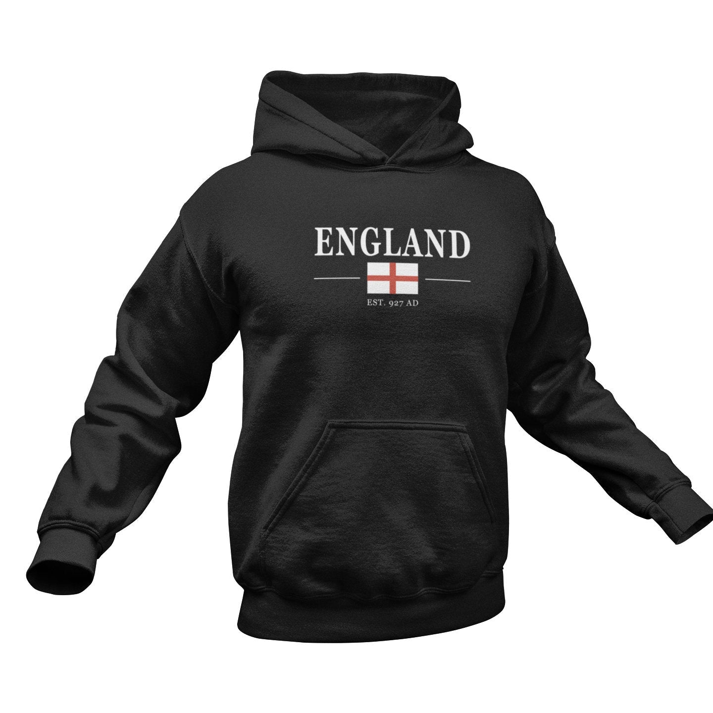Black hoodie with 'England' and flag design on a white background