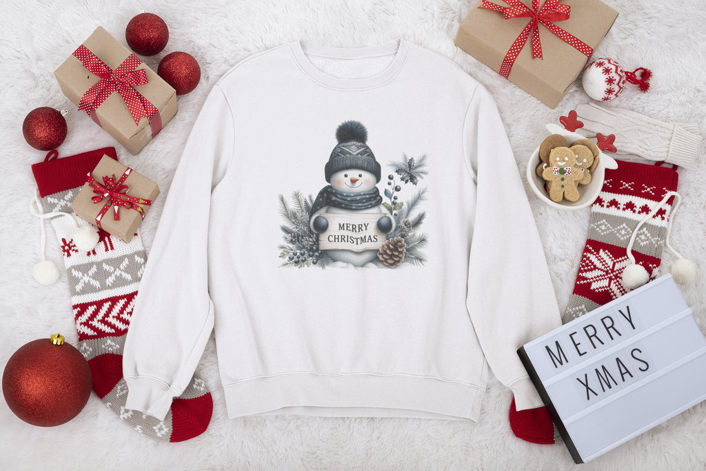 White sweatshirt with Christmas design surrounded by festive items on a light background