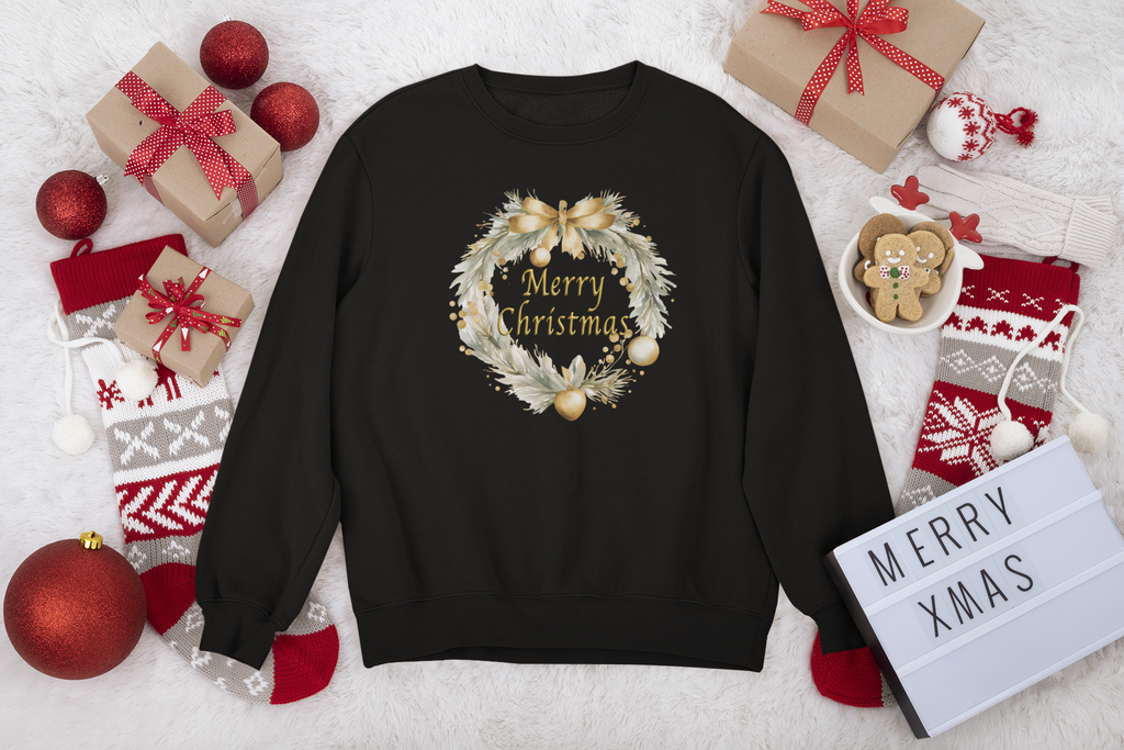 Black sweatshirt with 'Merry Christmas' design surrounded by holiday decorations on a light background