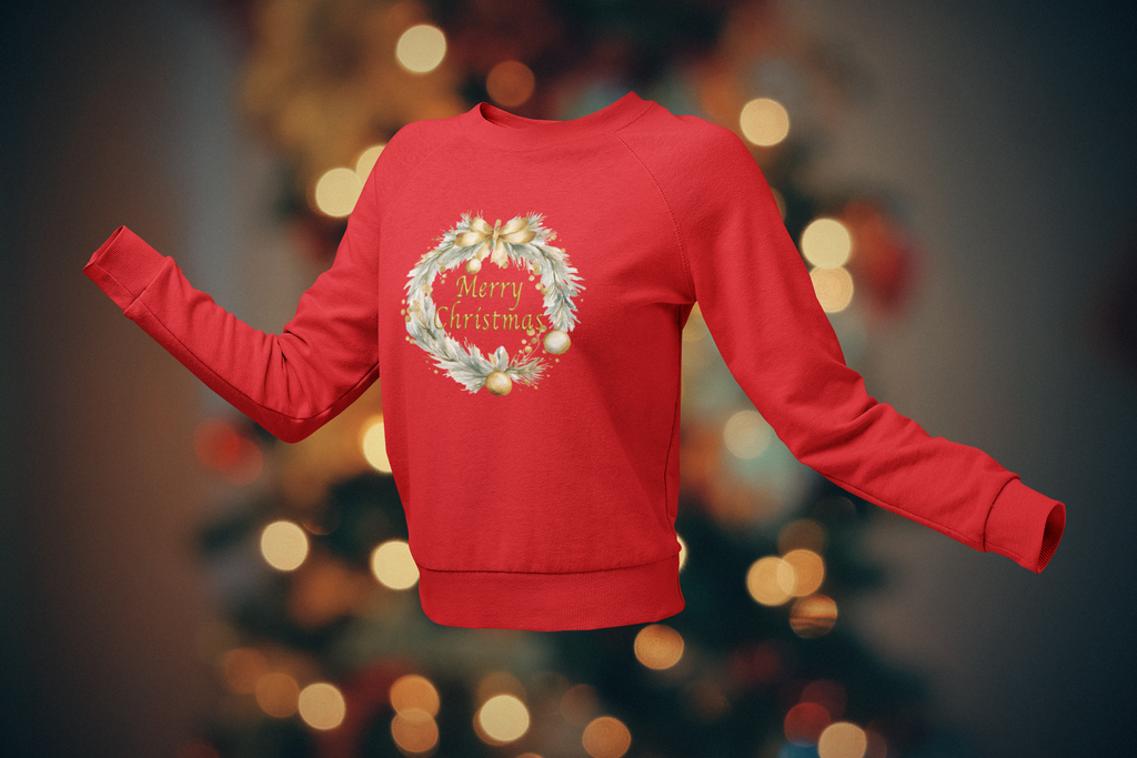Red sweatshirt with 'Merry Christmas' design on a blurred lights background