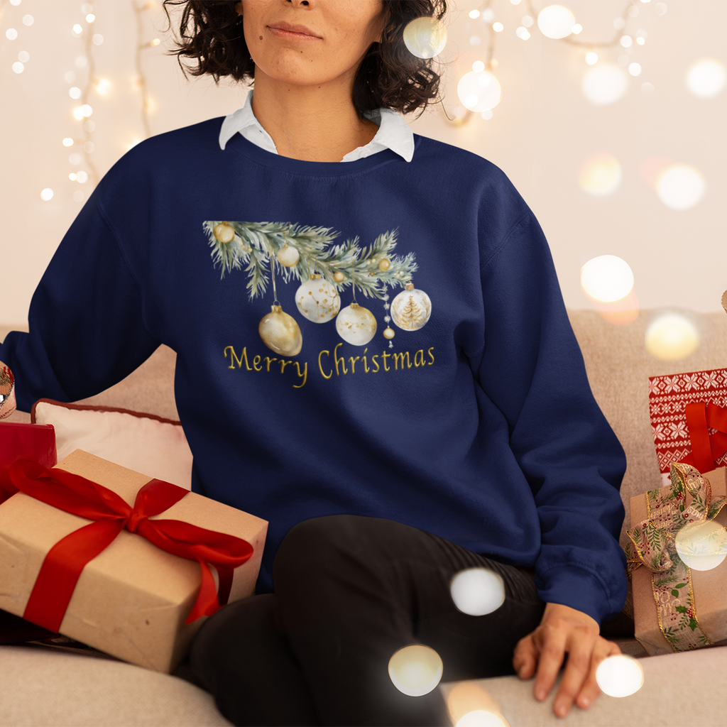 Person wearing a blue 'Merry Christmas' sweater surrounded by festive decorations and gifts.