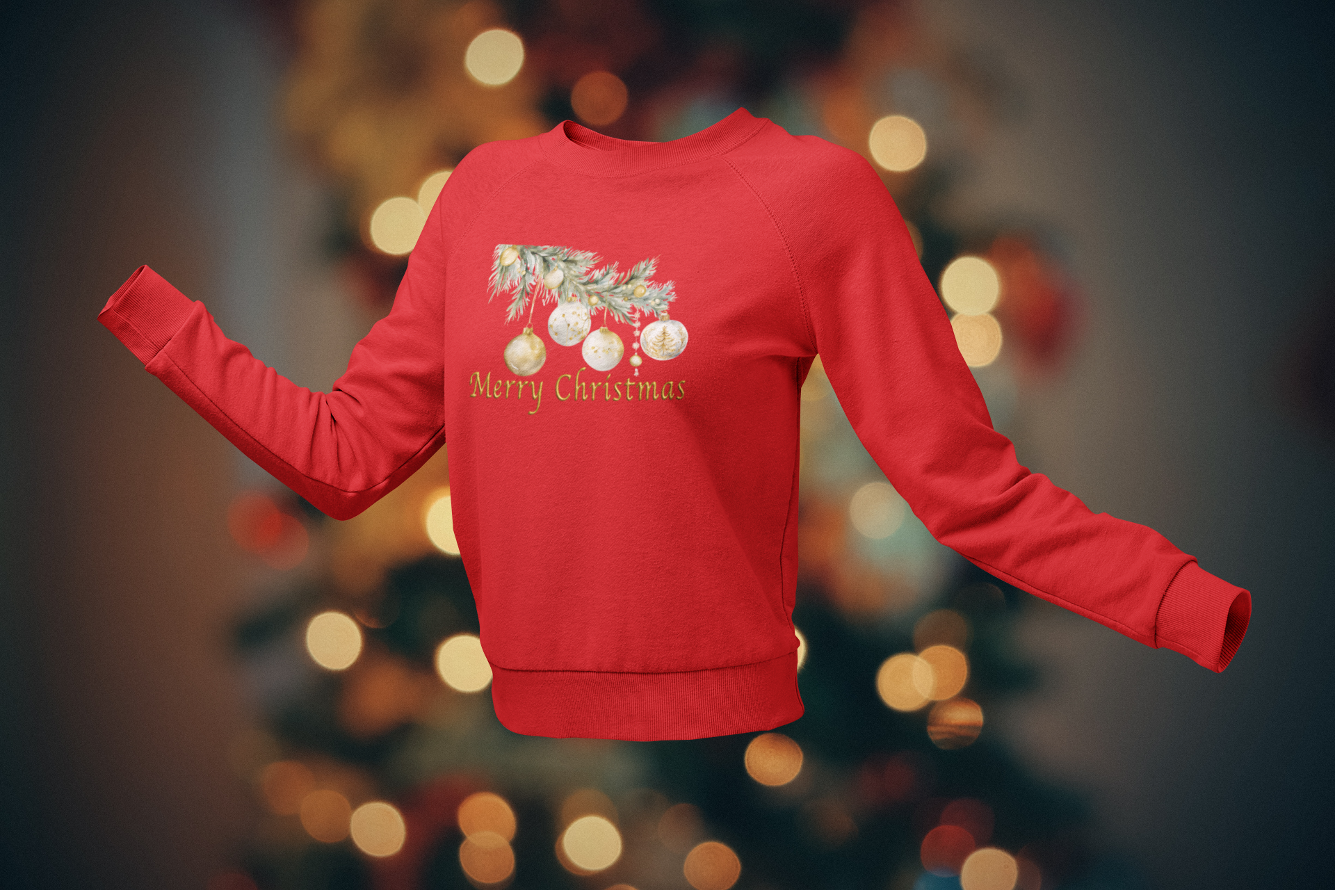Red Christmas sweater with festive design on a blurred lights background