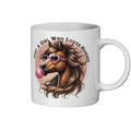 White mug with a horse design and text on a white background