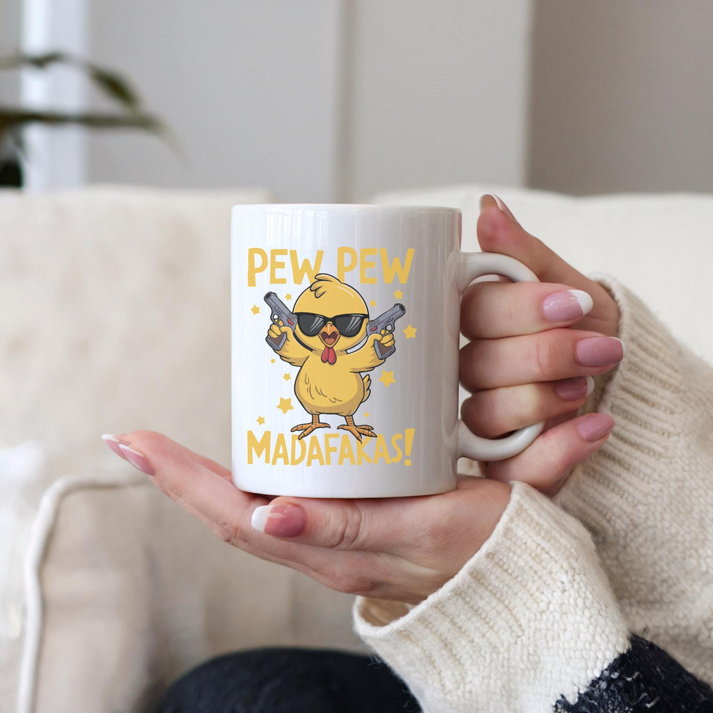 Funny Chick Mug with Sunglasses | Pew Pew Madafakas Mug | Cute Chicken with Guns Coffee Cup | Cool Sarcastic Gift for Him or Her