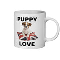 White mug with a puppy on a Union Jack pillow and 'Puppy Love' text on a white background
