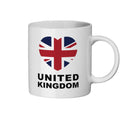 White mug with a heart-shaped British flag and 'UNITED KINGDOM' text on a white background