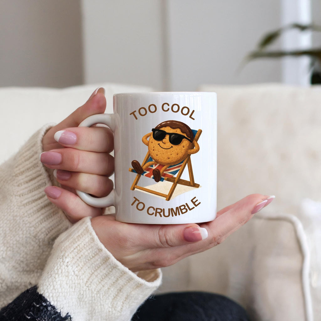 Funny Biscuit Mug "Too Cool to Crumble"  – 11oz White Ceramic Cup with Relaxing Digestive Cartoon – British Humour Gift