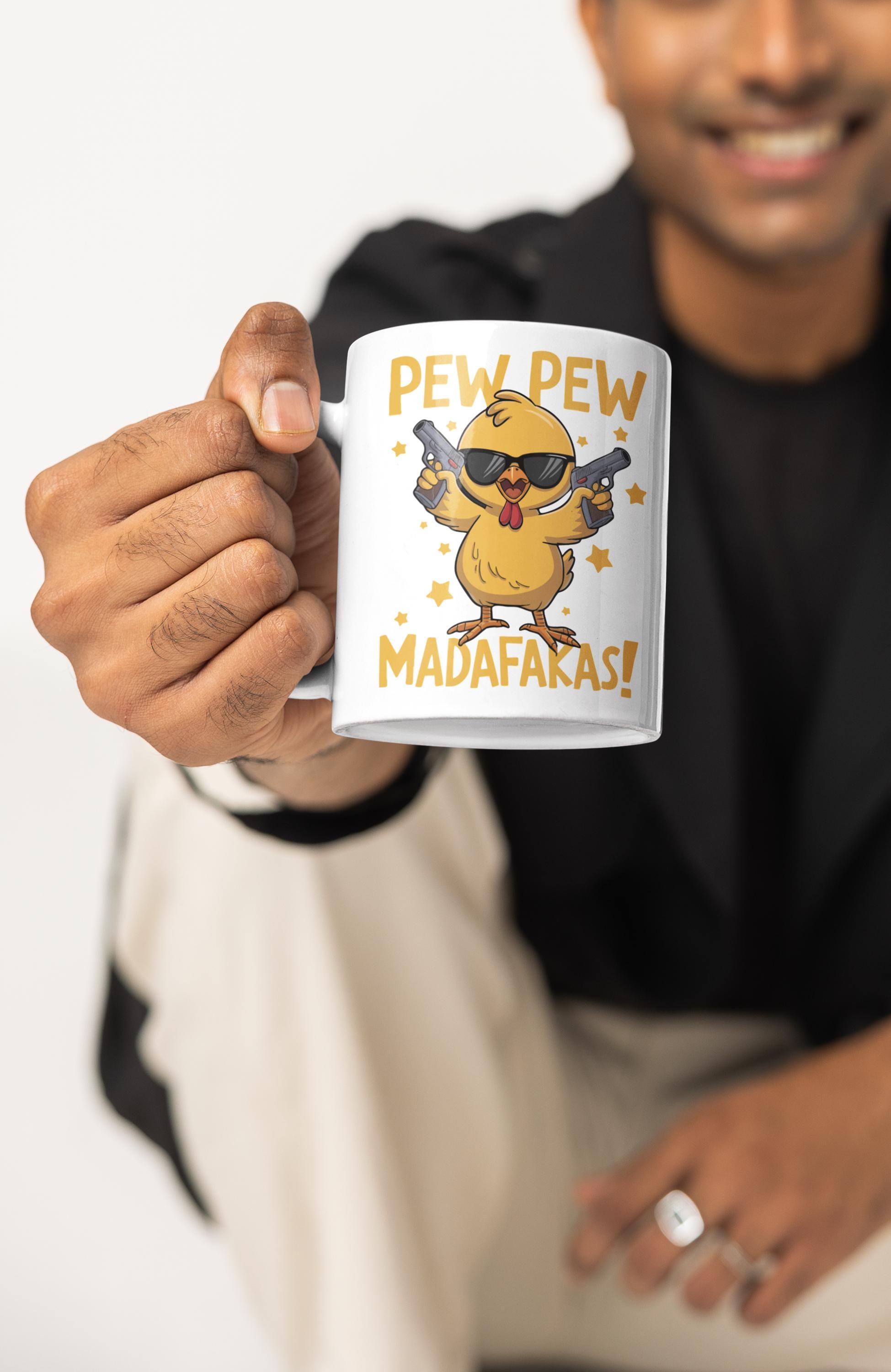 Funny Chick Mug with Sunglasses | Pew Pew Madafakas Mug | Cute Chicken with Guns Coffee Cup | Cool Sarcastic Gift for Him or Her