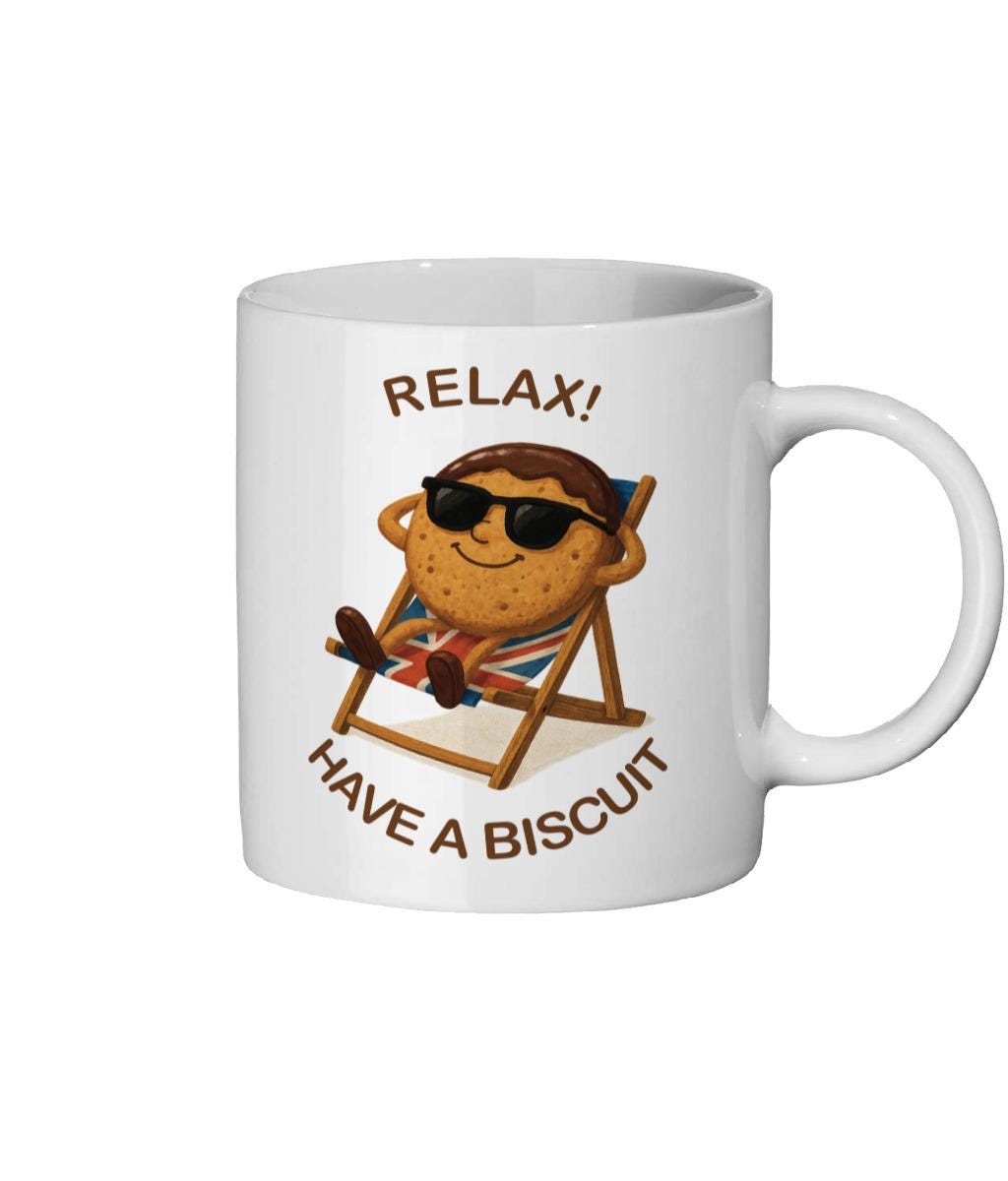 Funny Biscuit Mug "Too Cool to Crumble"  – 11oz White Ceramic Cup with Relaxing Digestive Cartoon – British Humour Gift