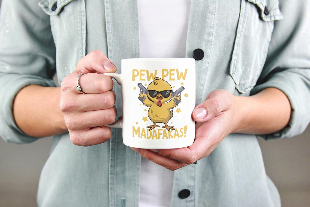 Funny Chick Mug with Sunglasses | Pew Pew Madafakas Mug | Cute Chicken with Guns Coffee Cup | Cool Sarcastic Gift for Him or Her