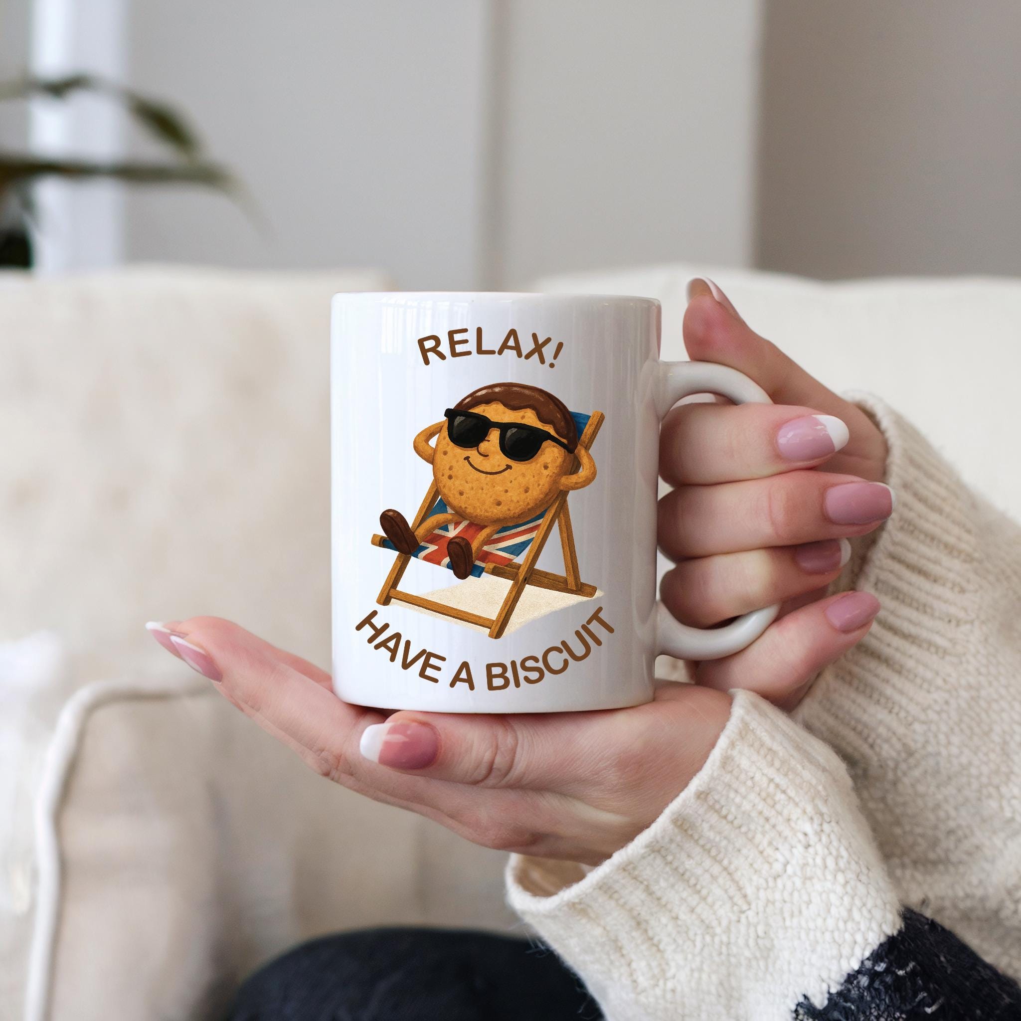 Funny Biscuit Mug "Too Cool to Crumble"  – 11oz White Ceramic Cup with Relaxing Digestive Cartoon – British Humour Gift