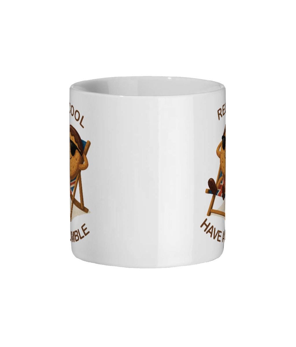 Funny Biscuit Mug "Too Cool to Crumble"  – 11oz White Ceramic Cup with Relaxing Digestive Cartoon – British Humour Gift