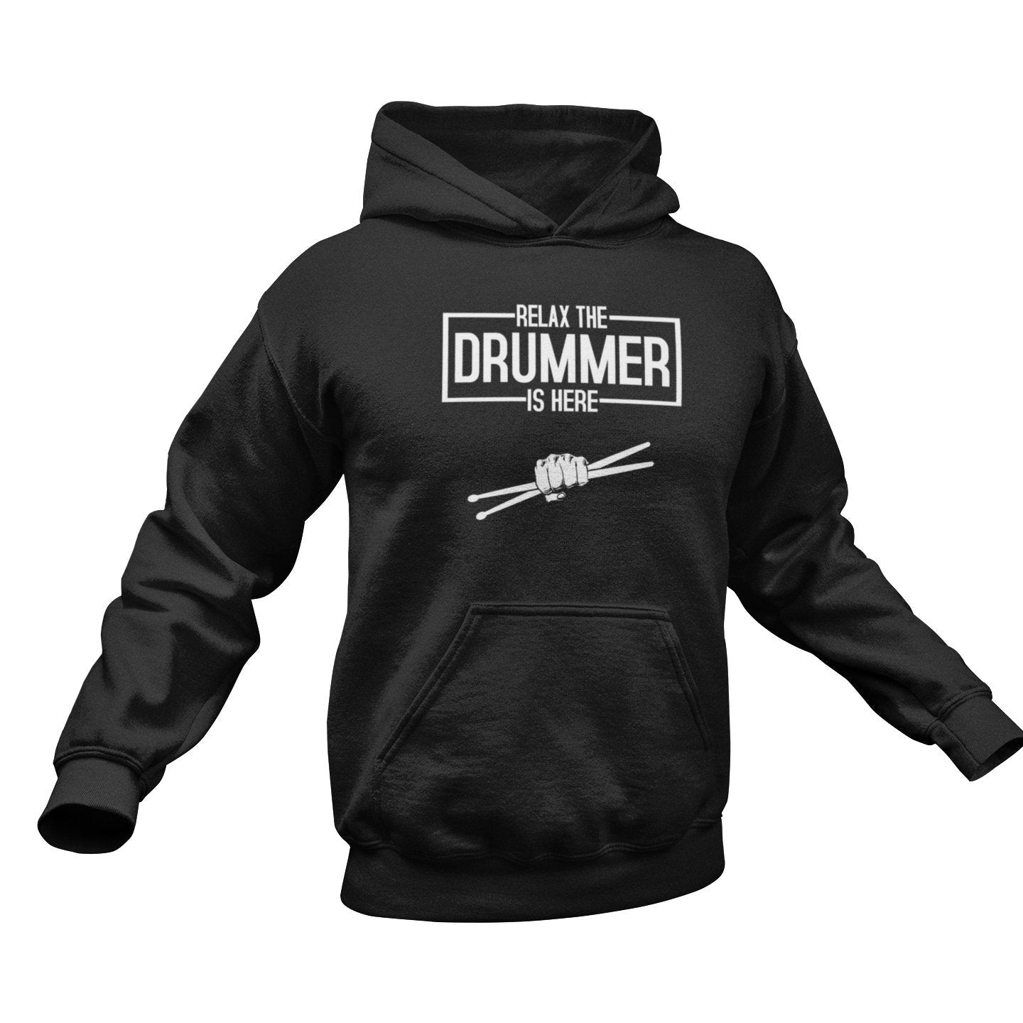 Black hoodie with 'Relax the Drummer is Here' text and graphic on a white background