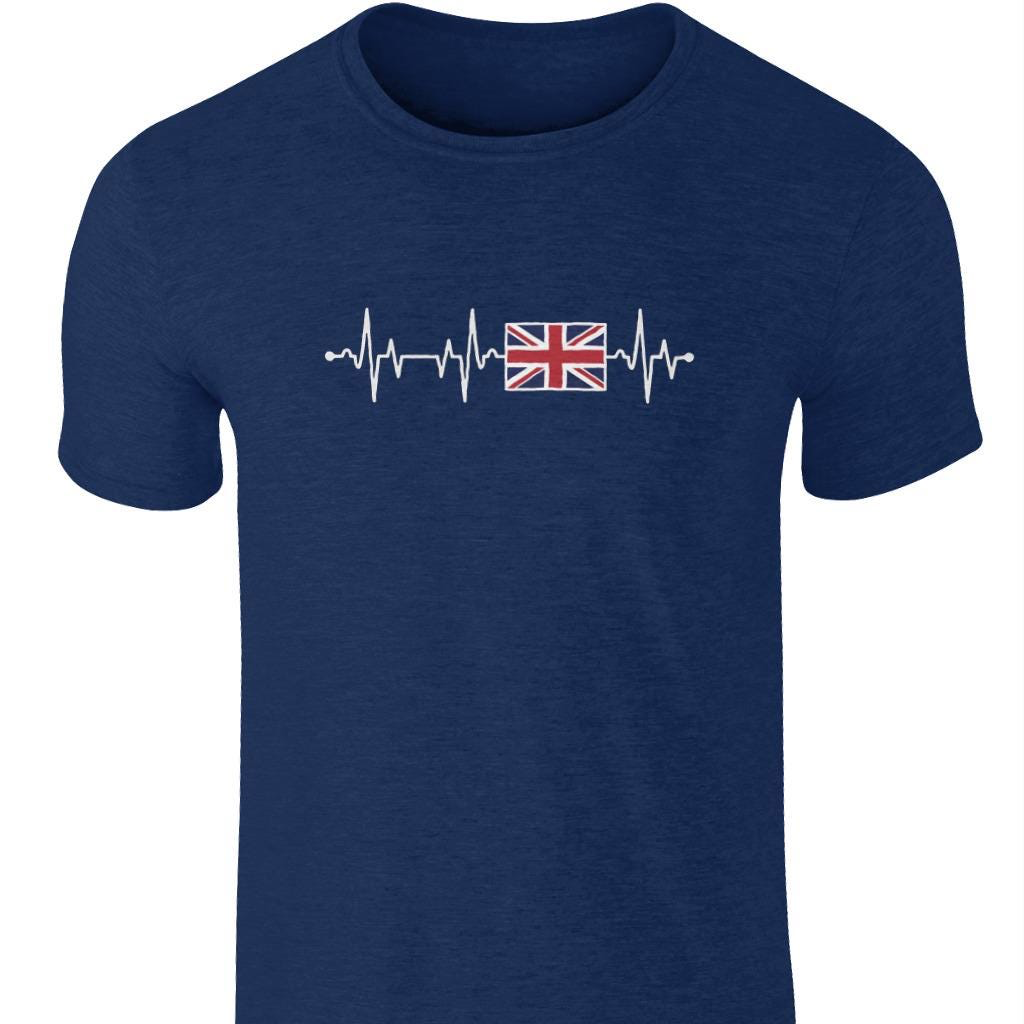 Navy blue t-shirt with a heartbeat design featuring the British flag on a white background