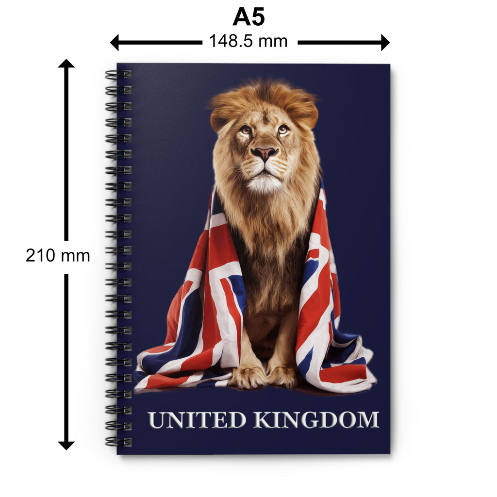 Notebook with a lion and Union Jack design, showing dimensions on a white background