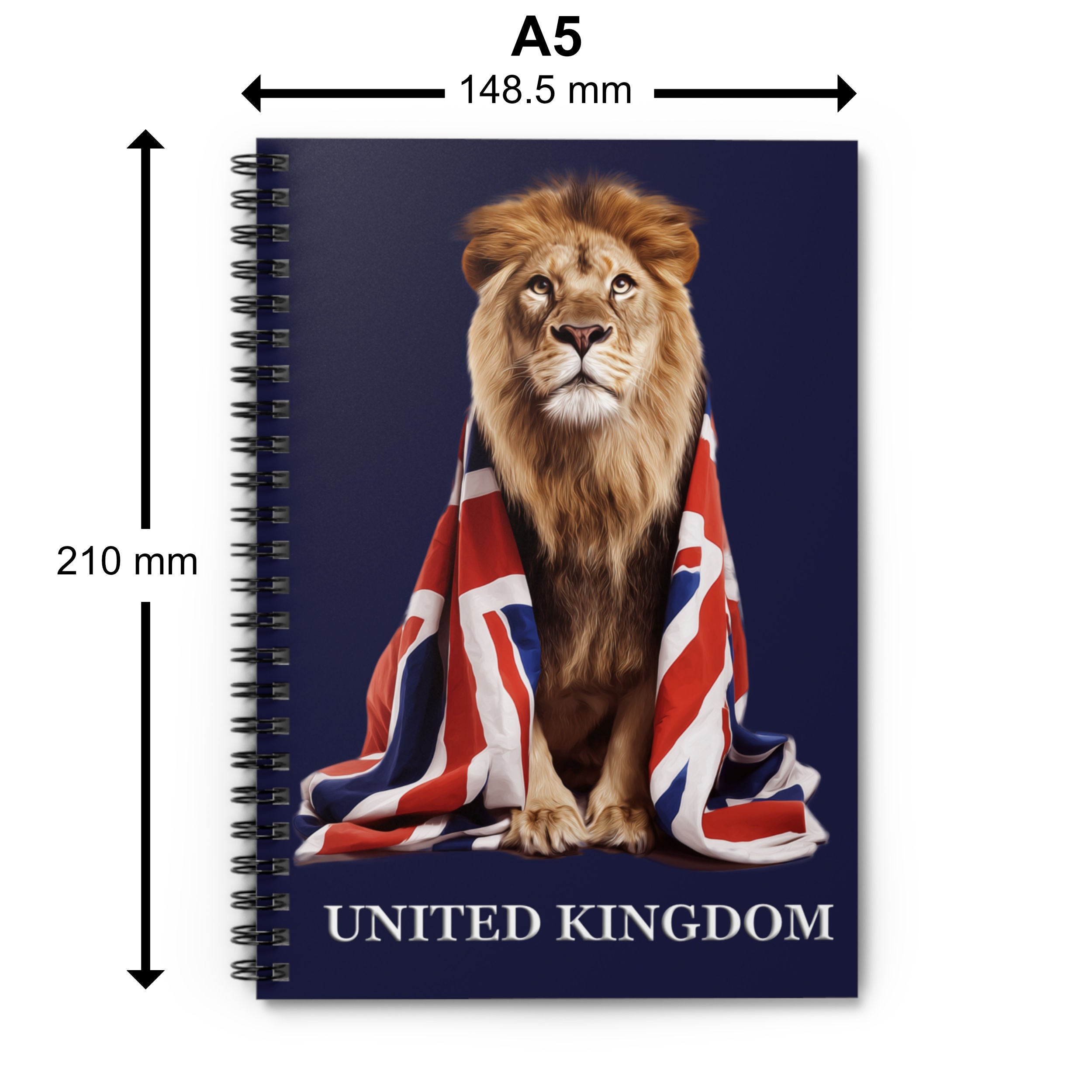 Notebook with a lion and Union Jack design, showing dimensions on a white background