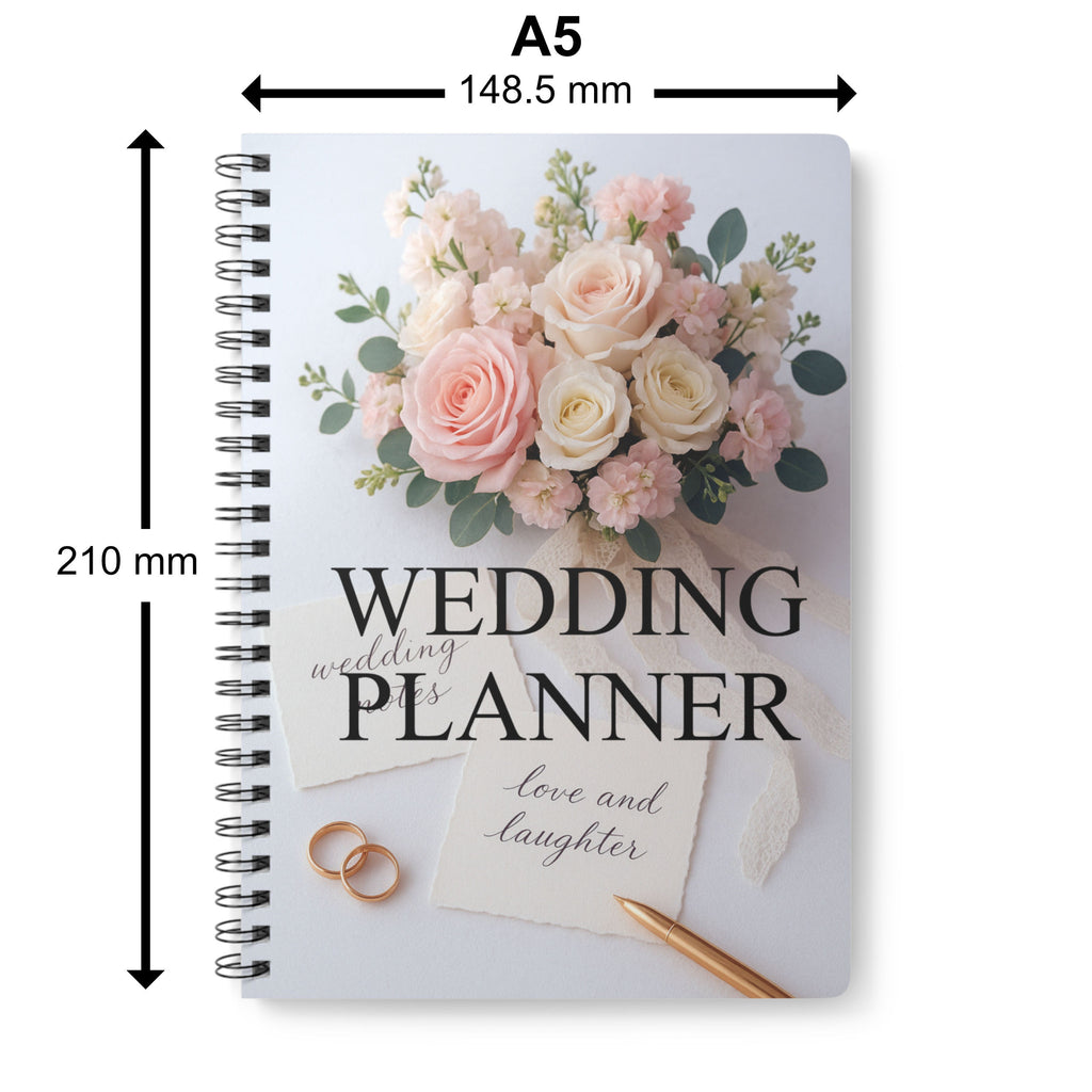 Wedding planner notebook with floral design and dimensions on a white background
