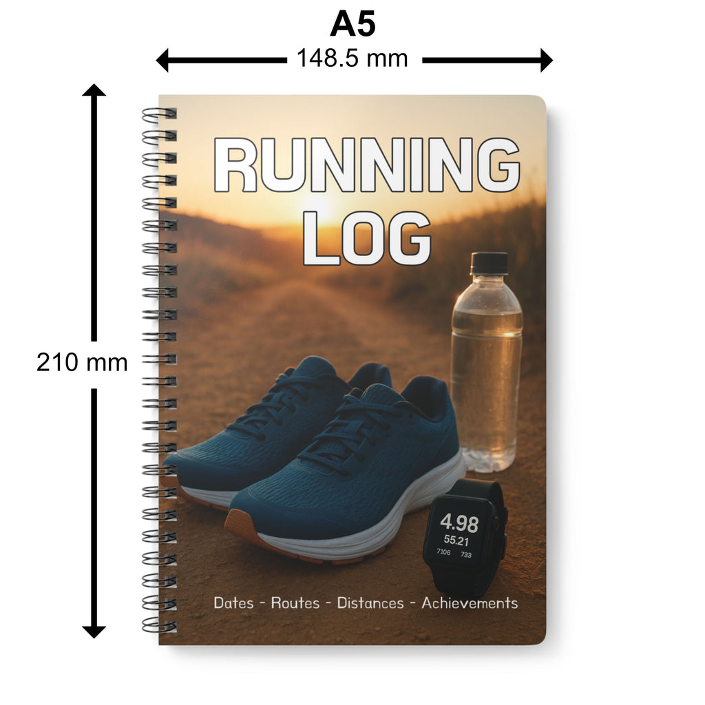 Notebook titled 'Running Log' with a cover image of running shoes, water bottle, and fitness tracker, showing dimensions.