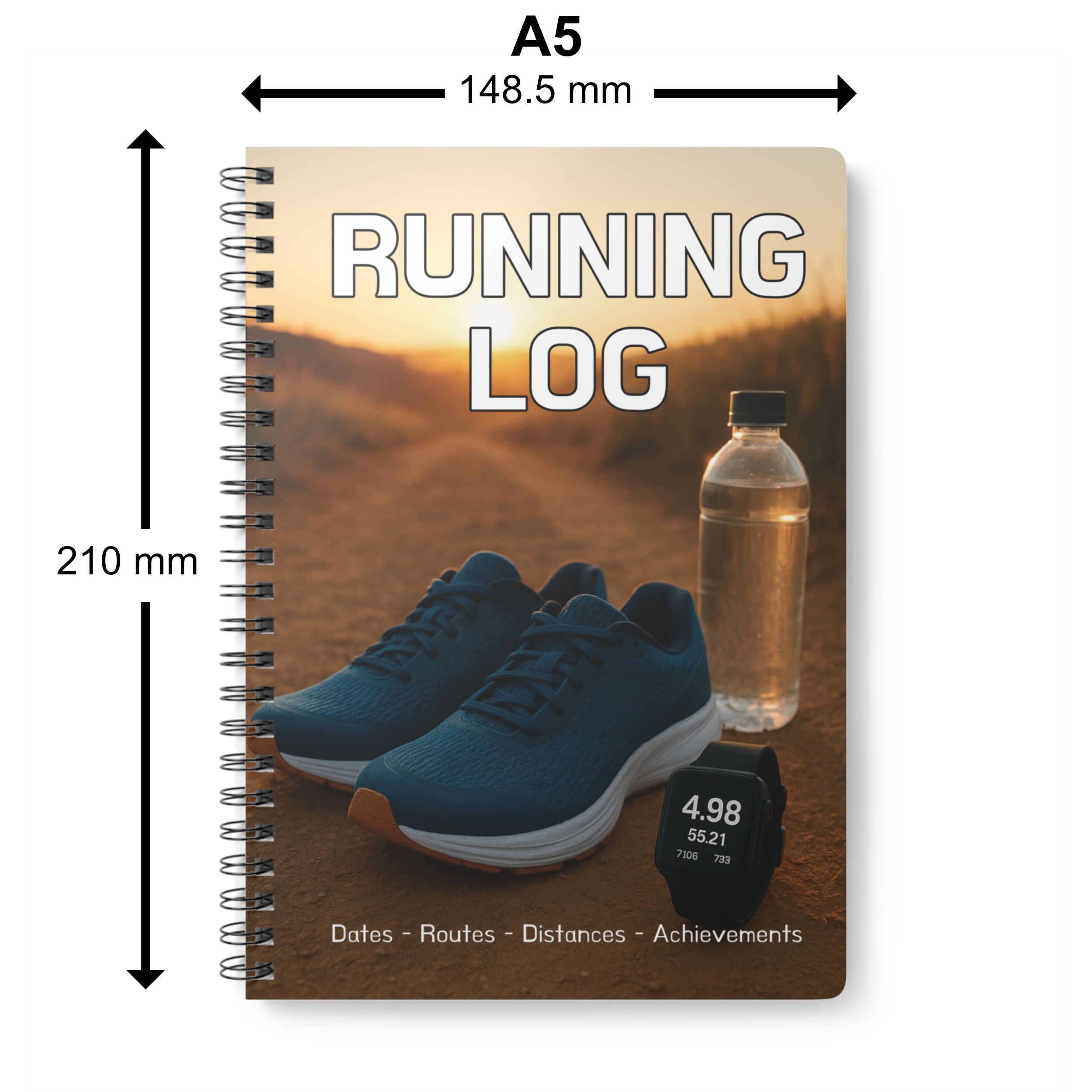 Notebook titled 'Running Log' with a cover image of running shoes, water bottle, and fitness tracker, showing dimensions.