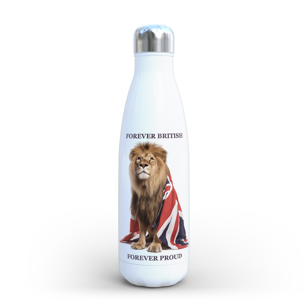 White water bottle with a lion design and 'Forever British' text on a white background