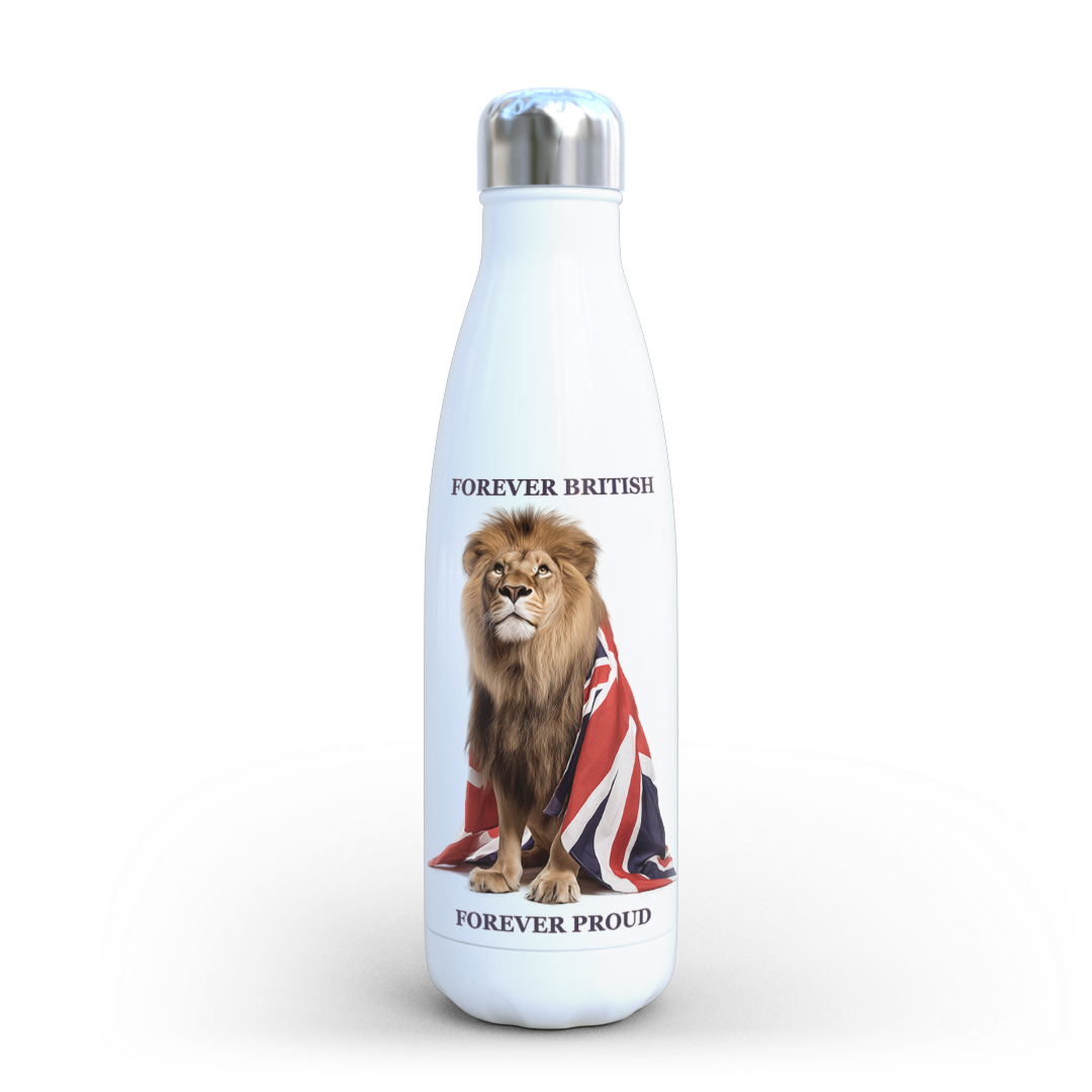 White water bottle with a lion design and 'Forever British' text on a white background
