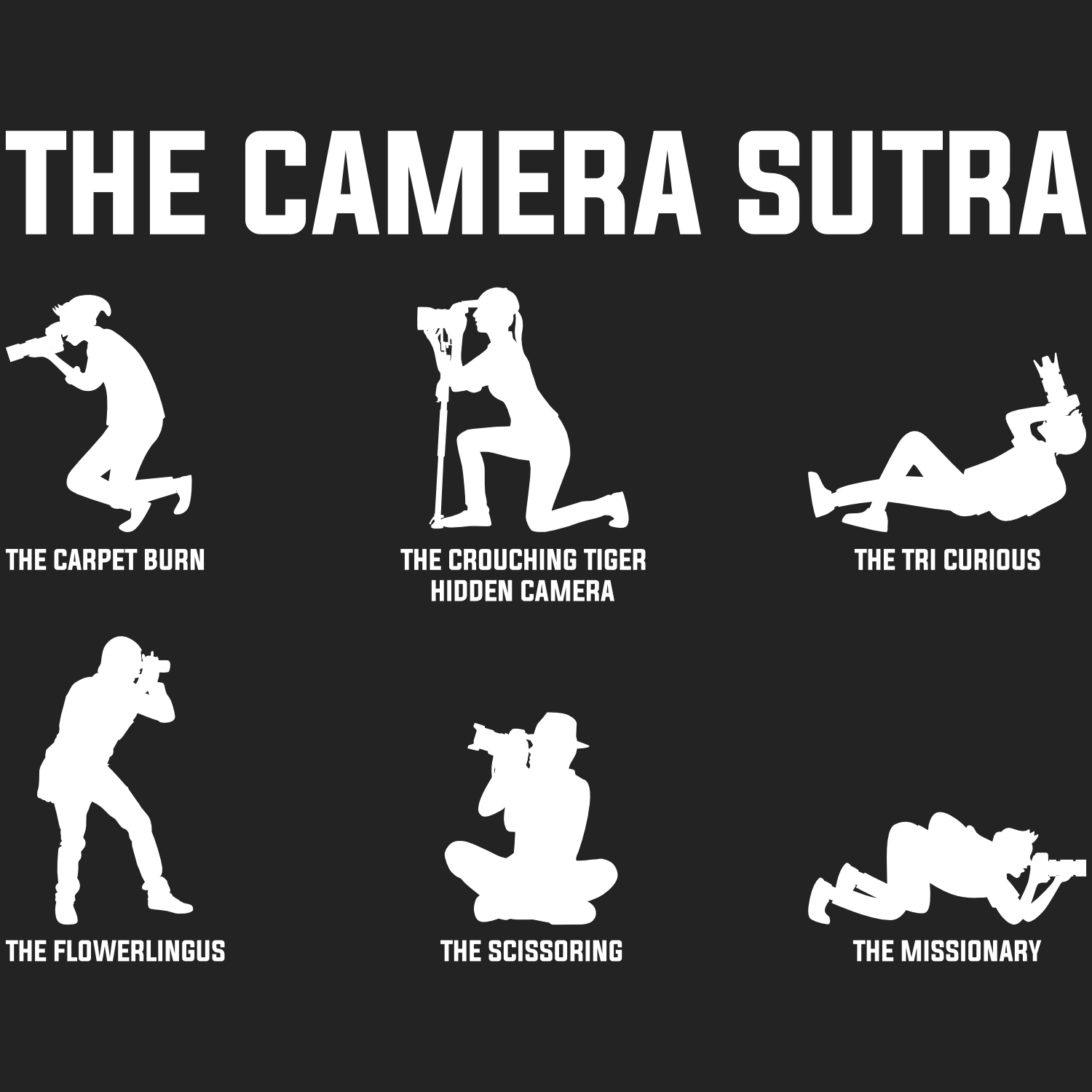 Illustrations of various camera poses with humorous names on a black background, titled 'The Camera Sutra'.