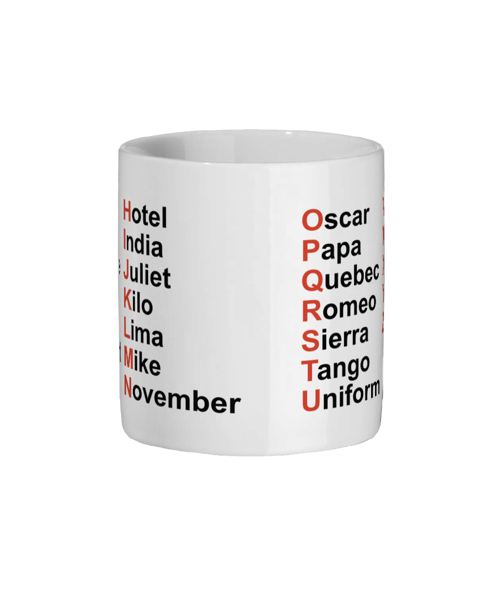White mug with NATO phonetic alphabet text on a white background