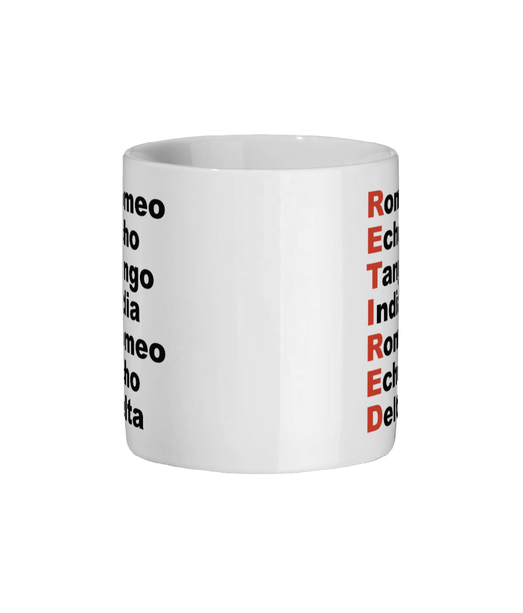 White mug with text in black and red on a white background