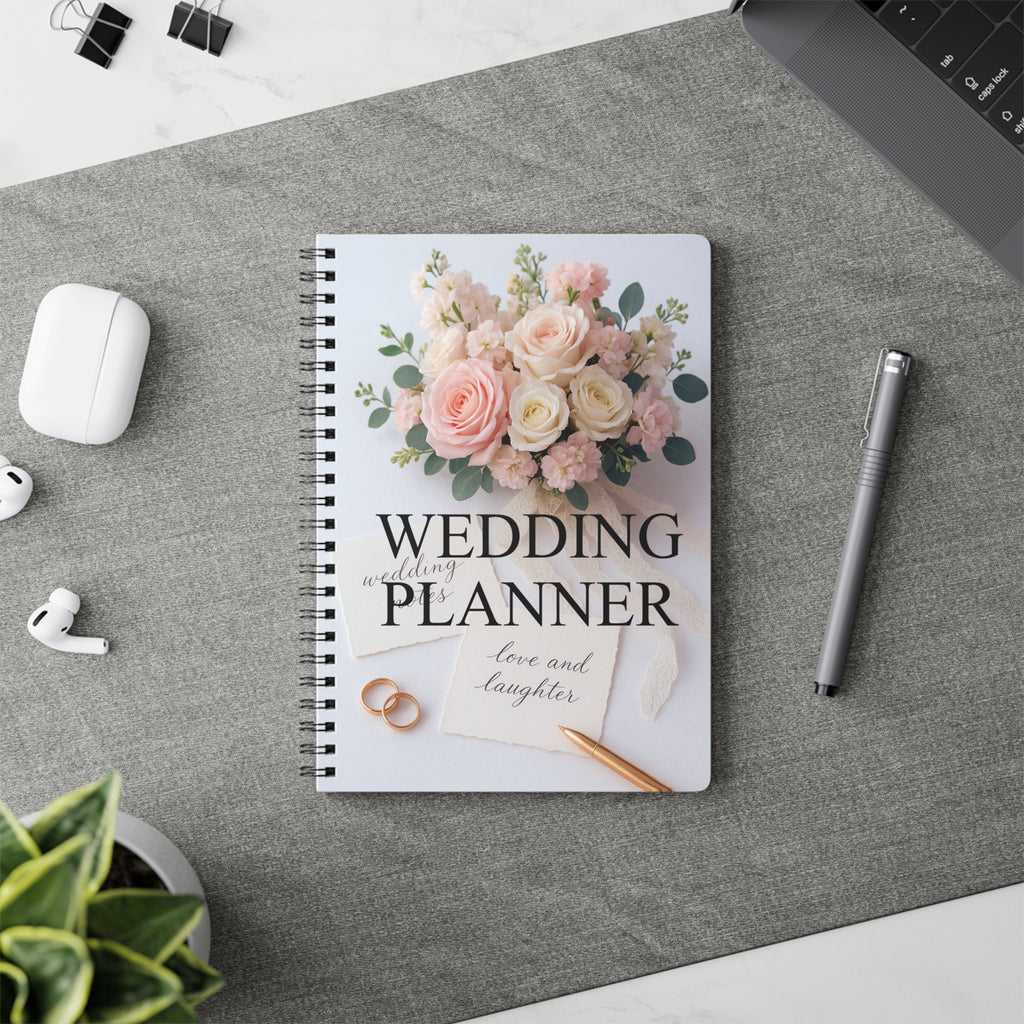 Wedding planner book with floral design on a desk