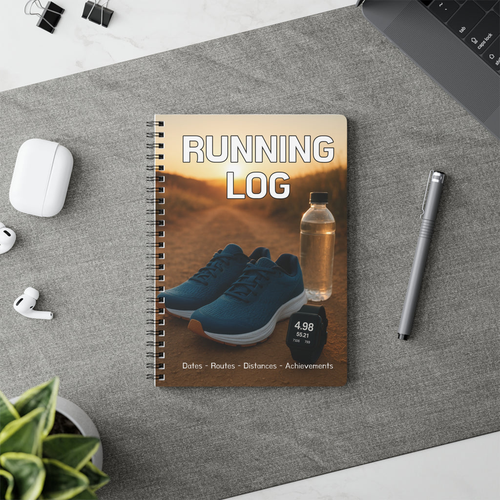Notebook titled 'Running Log' with running-themed cover on a desk.