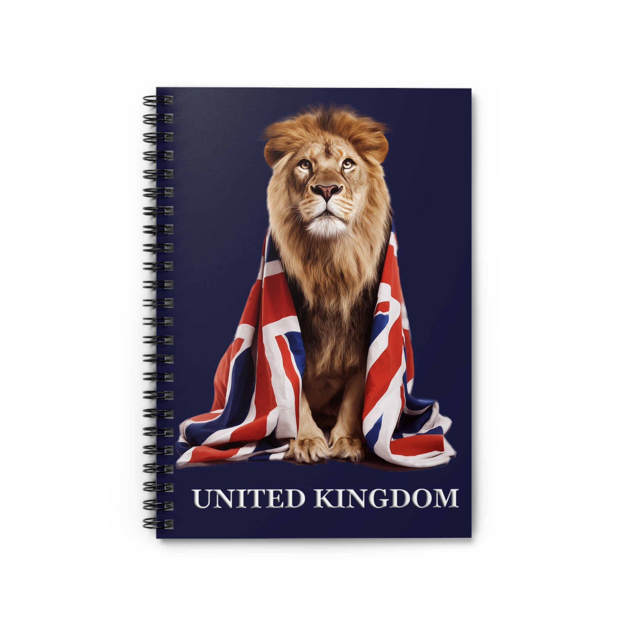 Notebook with a lion wrapped in a Union Jack on a dark blue background