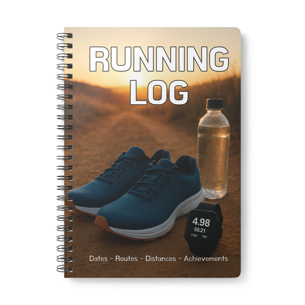 Running log notebook with shoes, water bottle, and smartwatch on a desert background