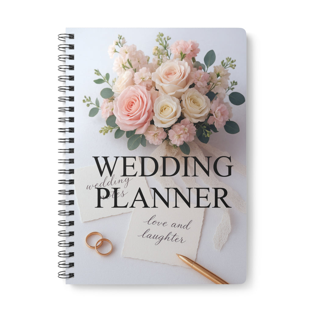 Wedding planner notebook with floral design and text on a white background