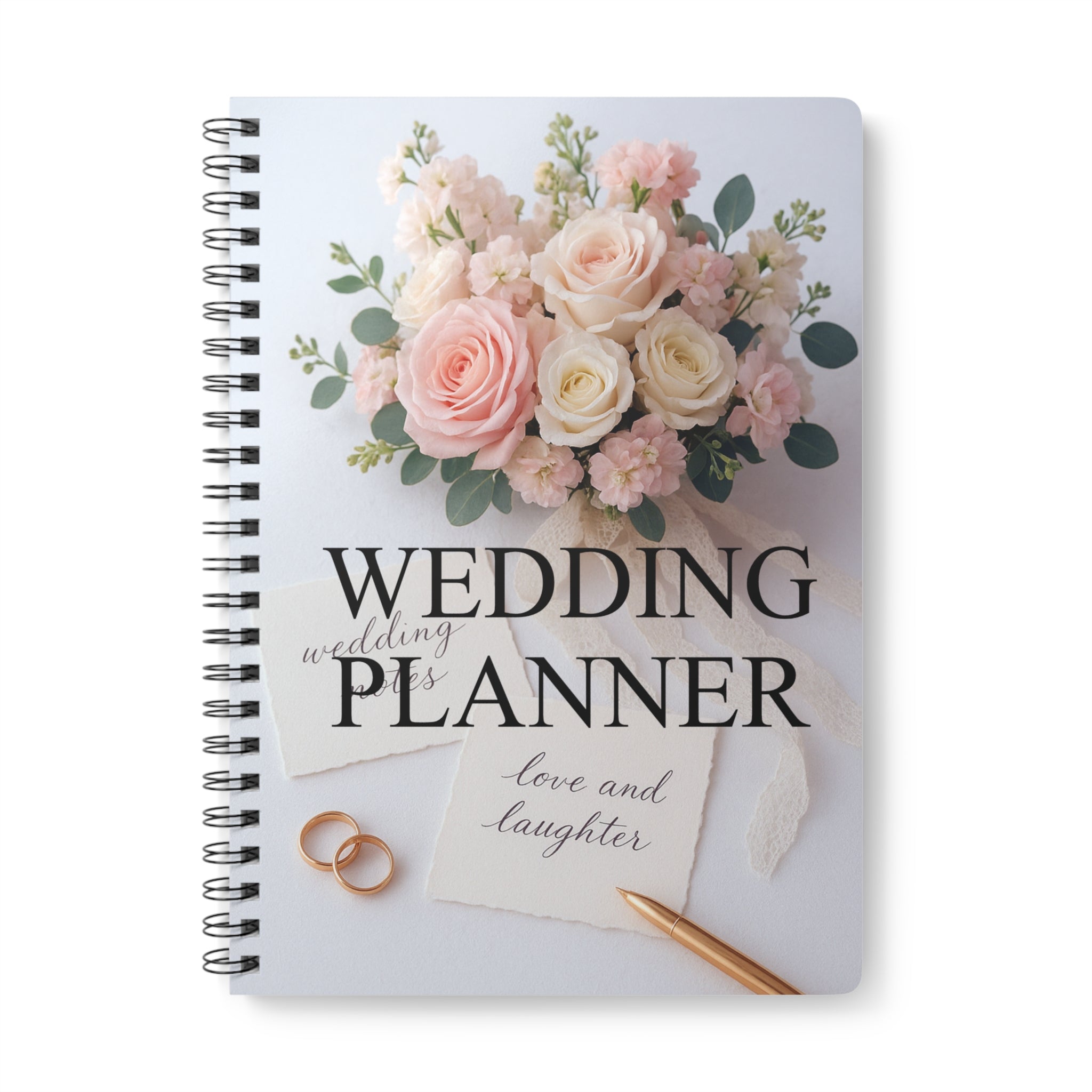 Wedding planner notebook with floral design and text on a white background