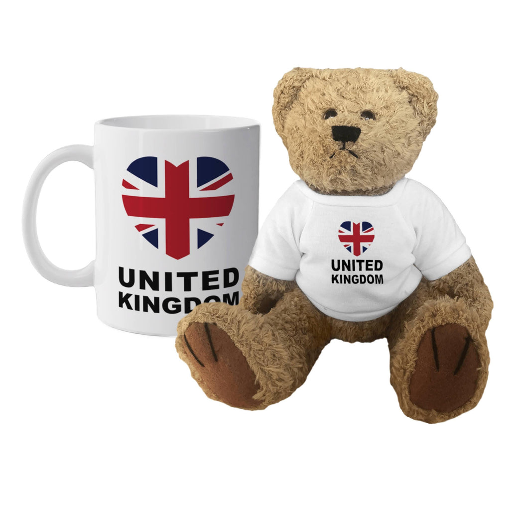 Mug with UK flag design and teddy bear wearing a matching shirt on a white background