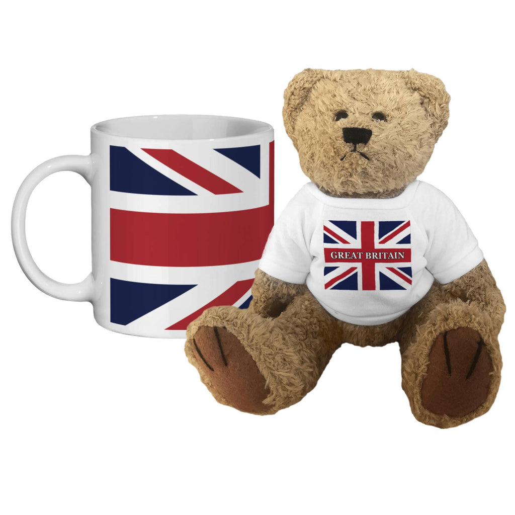 Teddy bear wearing a 'Great Britain' shirt and a mug with a Union Jack design on a white background