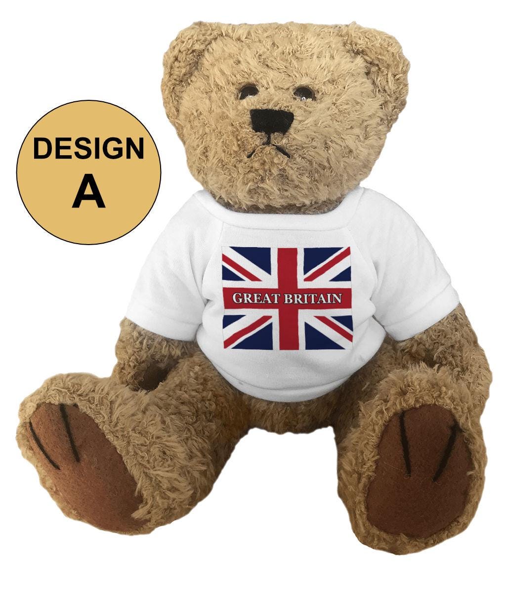 Teddy bear wearing a white shirt with a Great Britain flag design on a white background