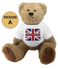 Teddy bear wearing a white shirt with a Great Britain flag design on a white background