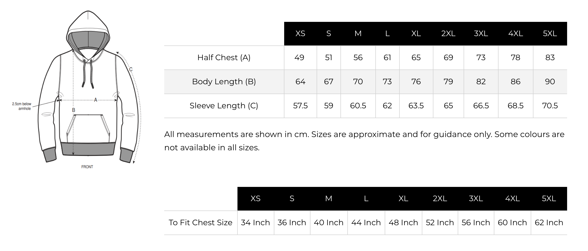 Size chart for a hoodie with measurements in centimeters and inches.