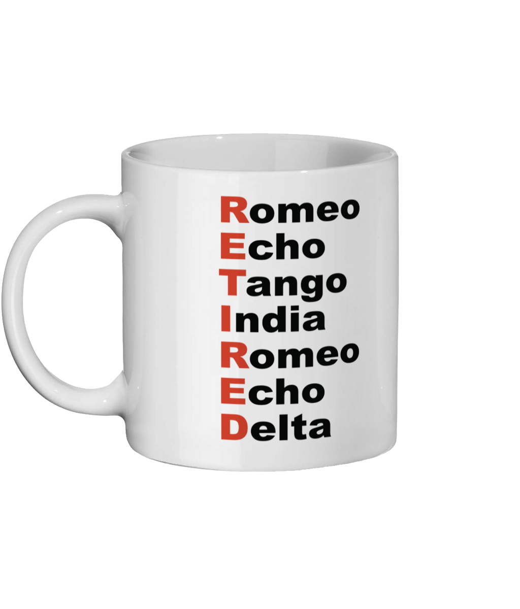 White mug with NATO phonetic alphabet text on a white background
