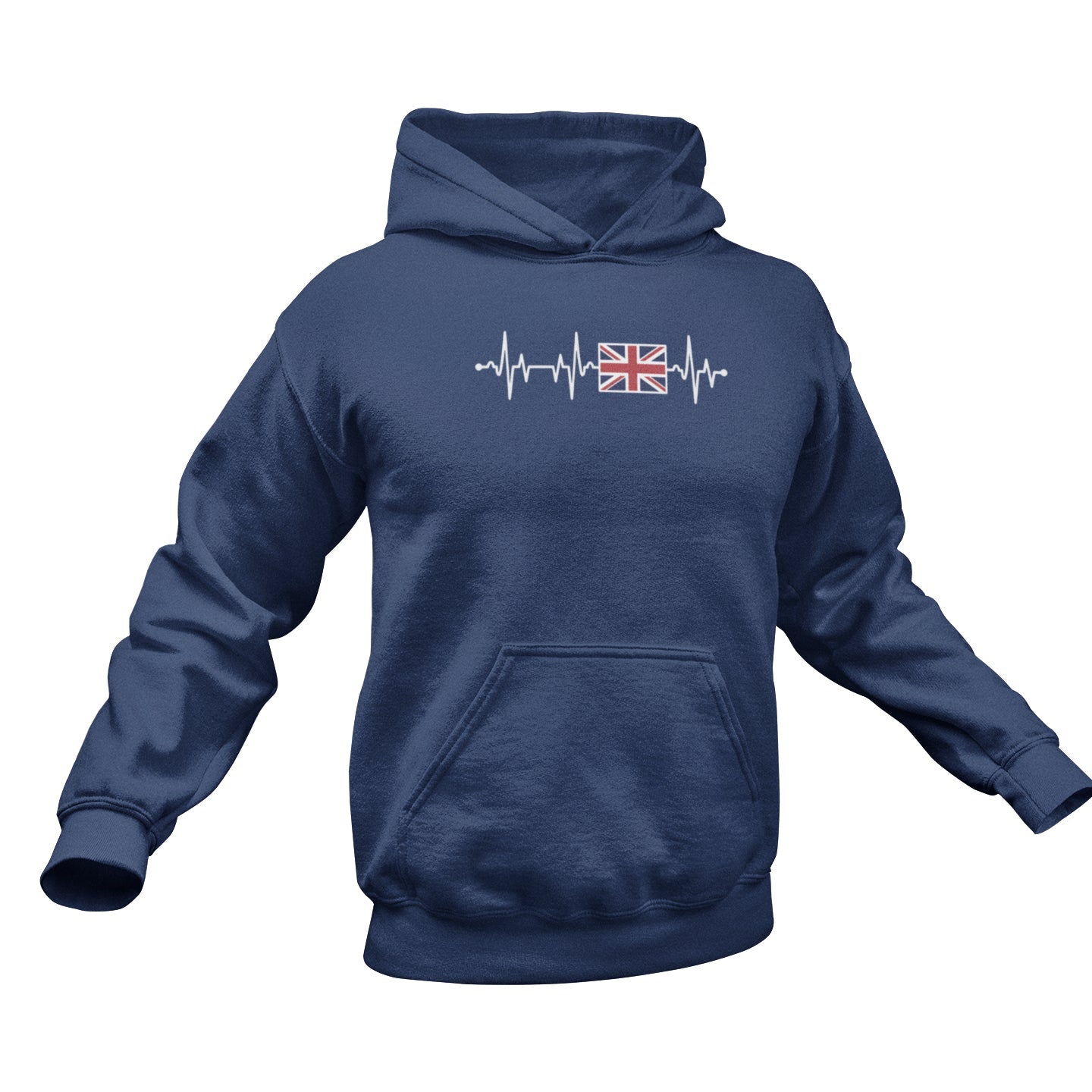Navy blue hoodie with a heart rate monitor design featuring the British flag on a white background