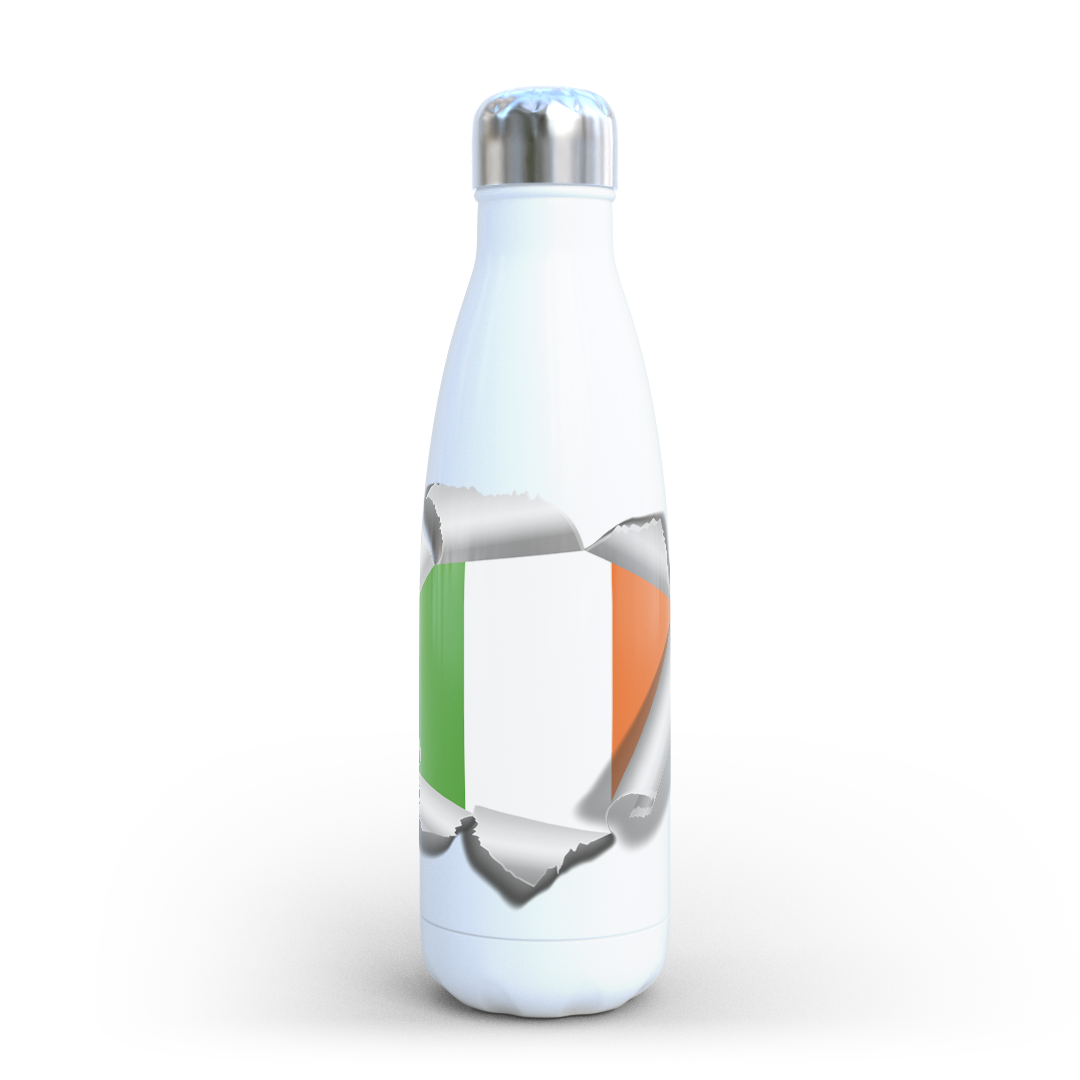 White water bottle with a colorful design on a white background