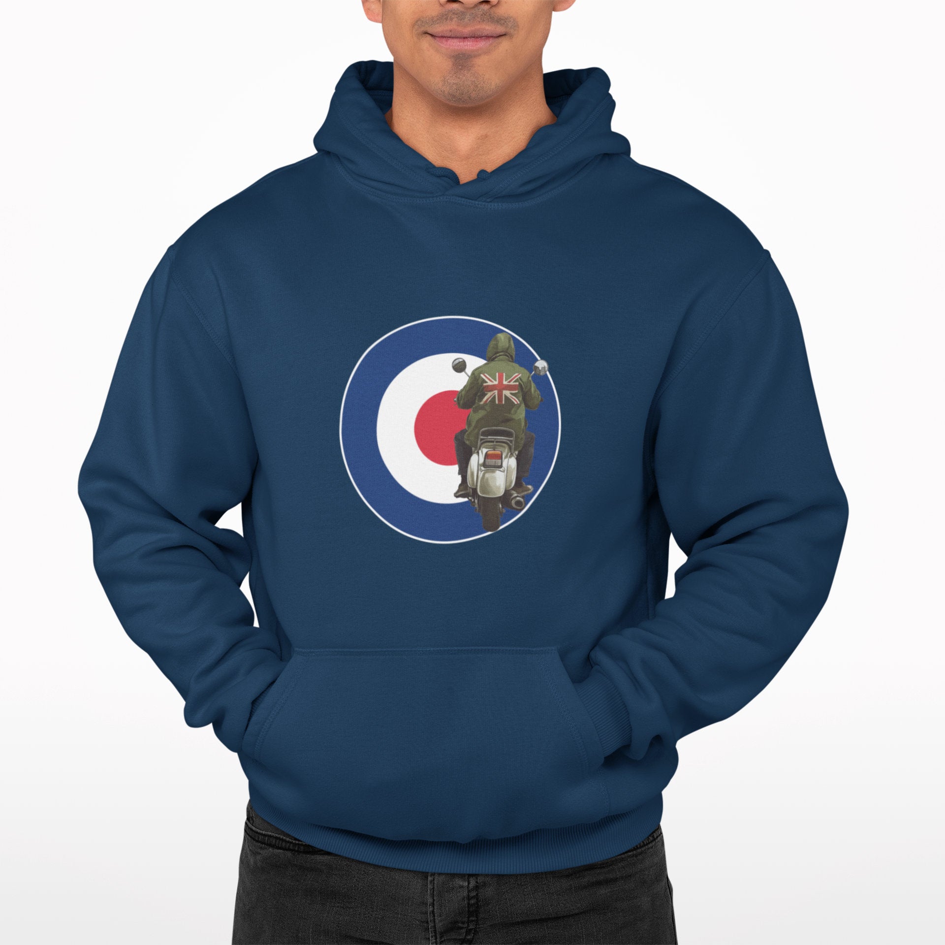 Person wearing a navy blue hoodie with a graphic design on a white background