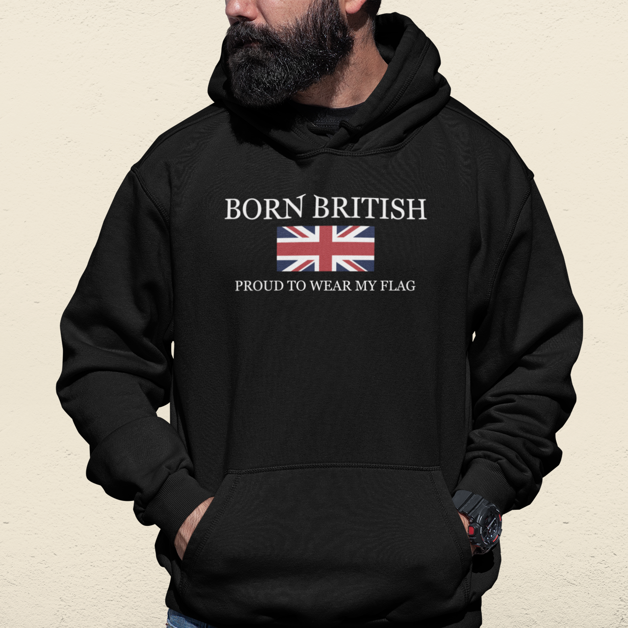 Union Jack Hoodie: Born British Pride Pullover - Unisex Cotton Blend