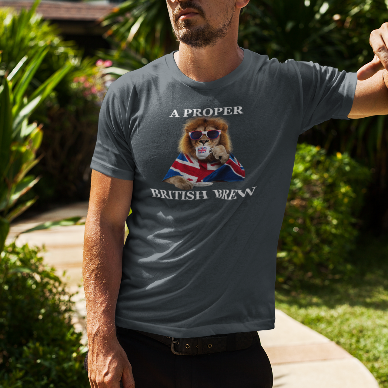 Man wearing a t-shirt with a graphic design outdoors