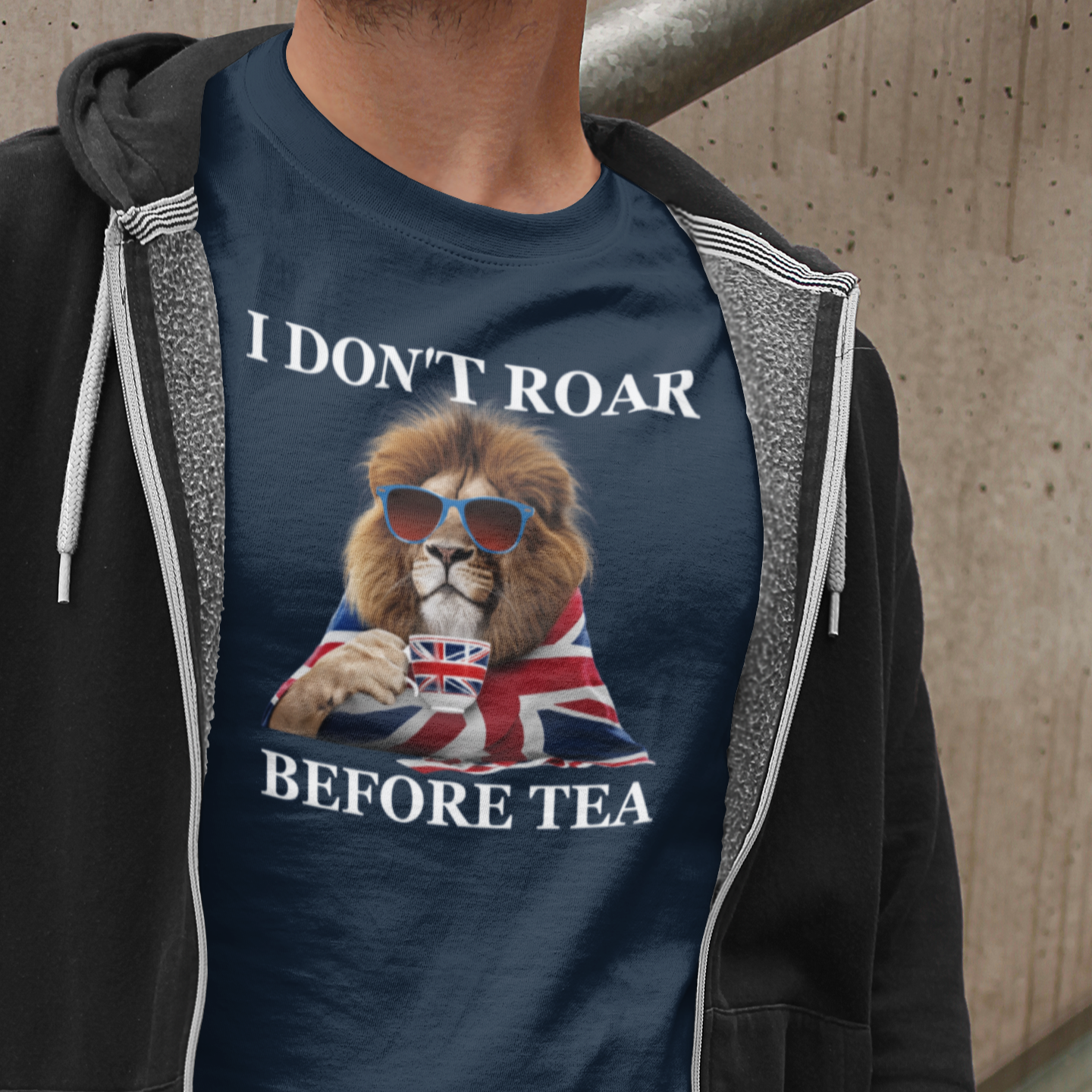 Funny British Lion T-Shirt: I Don't Roar Before Tea, UK Humor Gift