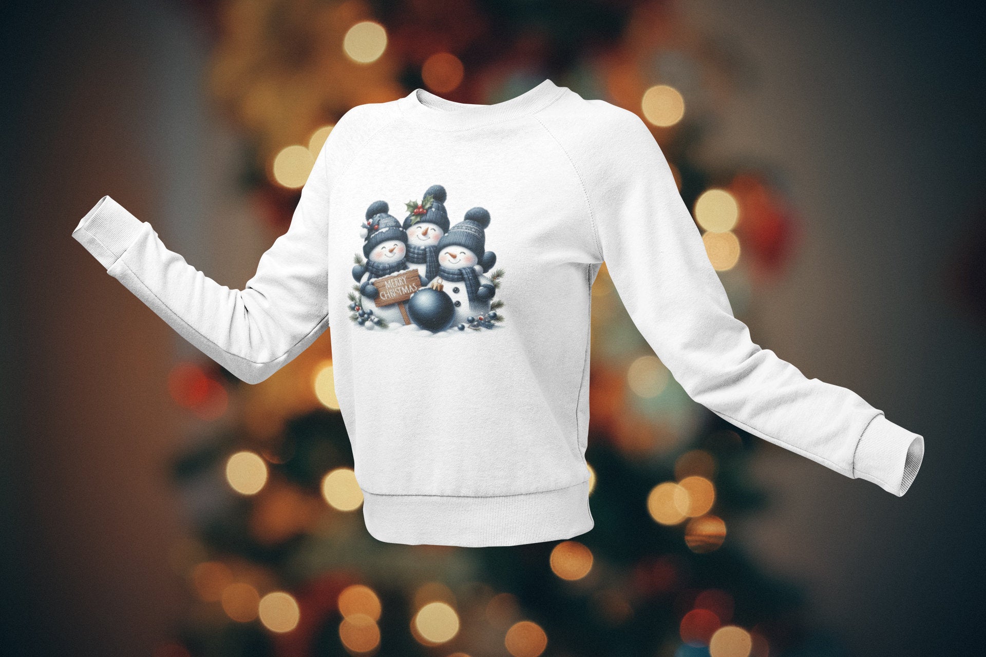 White sweatshirt with a graphic design of snowmen on a blurred Christmas tree background