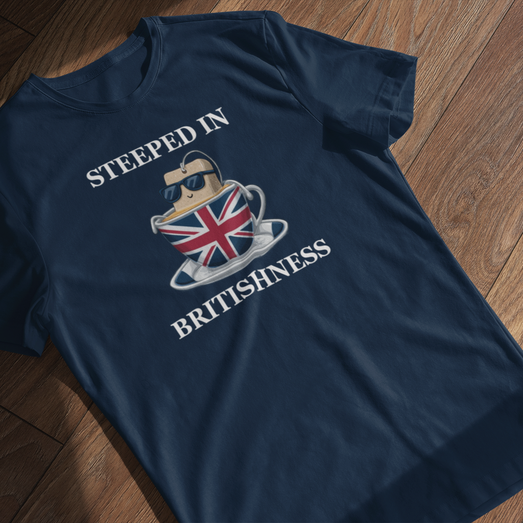 Navy blue t-shirt with a graphic design on a wooden floor