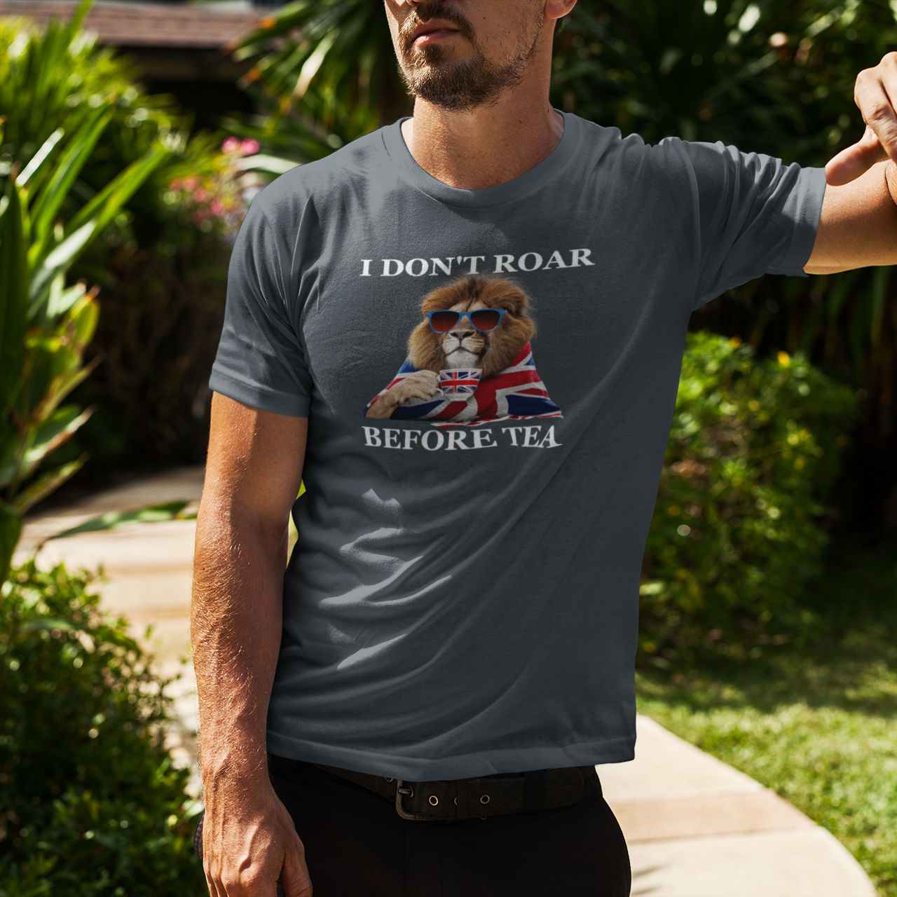Funny British Lion T-Shirt: I Don't Roar Before Tea, UK Humor Gift