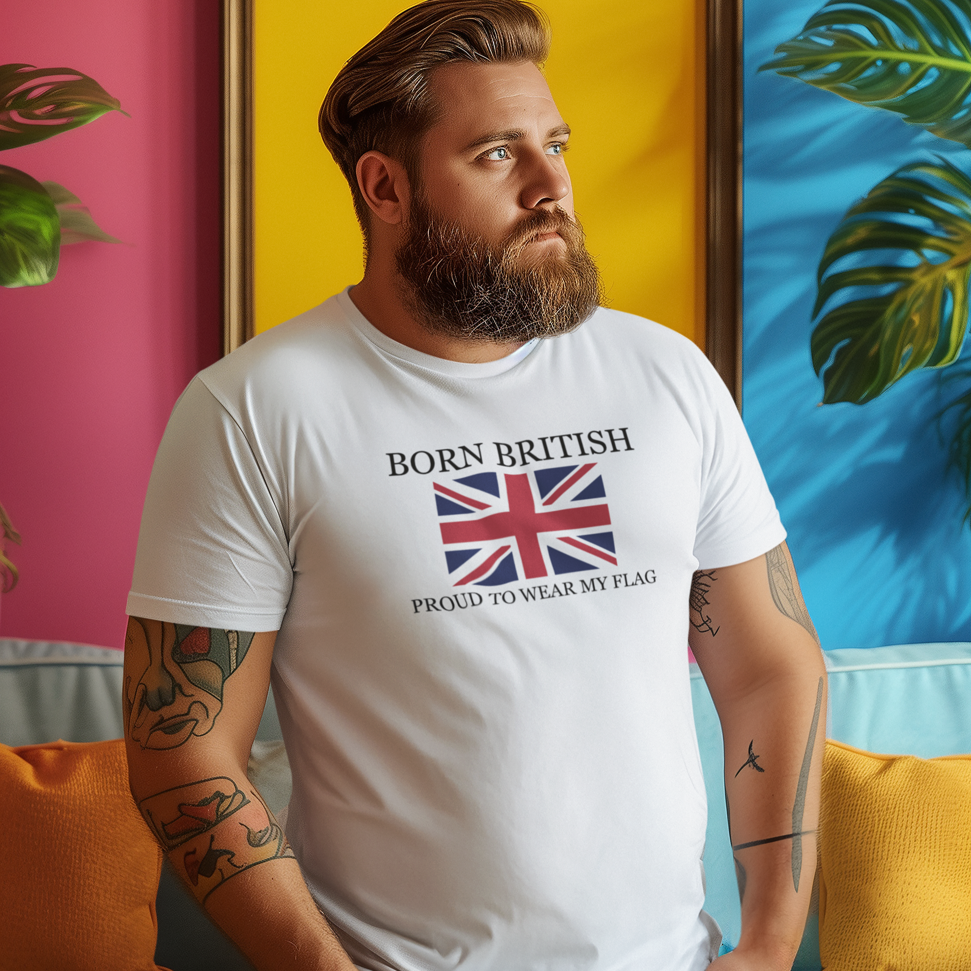 Man wearing a white t-shirt with a Union Jack design, standing in a colorful room with a framed picture and plants.